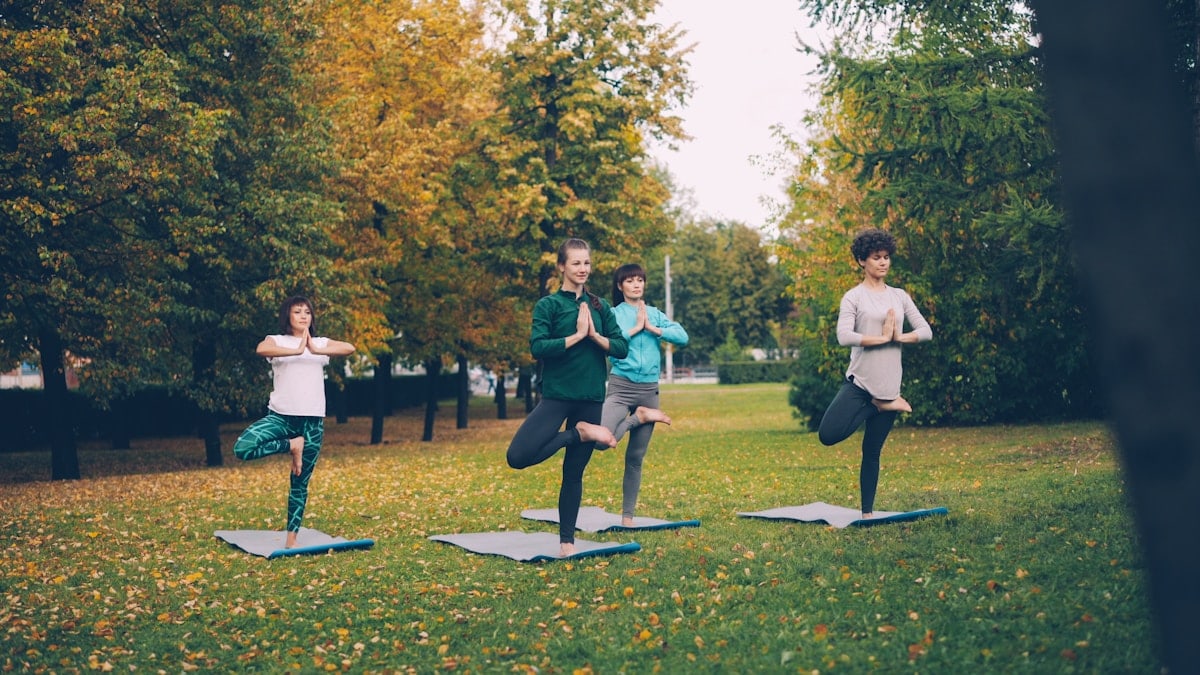 Beautiful girls in sportswear are practising yoga doing variations of Tree position then moving into Chair pose Utkatasana. Young people, nature and recreation concept.